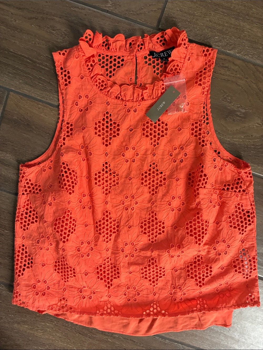 J. Crew Bright Orange Floral Eyelet Ruffle Neck Sleeveless Camisole